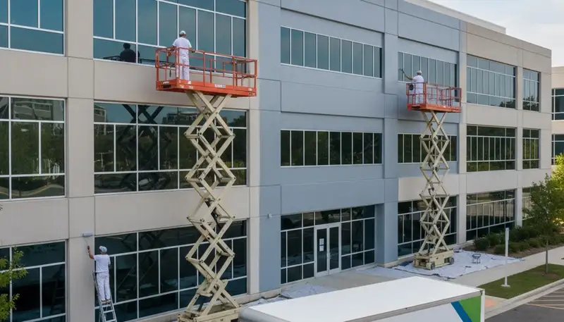Professional commercial painters working on an office exterior in Pittsburgh, PA