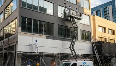 Professional commercial painters in Pittsburgh PA applying fresh paint to business exterior