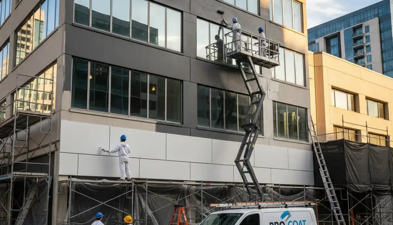 Professional commercial painters in Pittsburgh PA applying fresh paint to business exterior