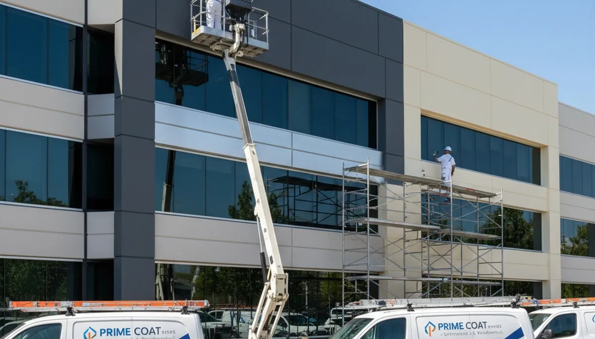 Professional commercial painters working on an office building exterior in Pittsburgh, PA