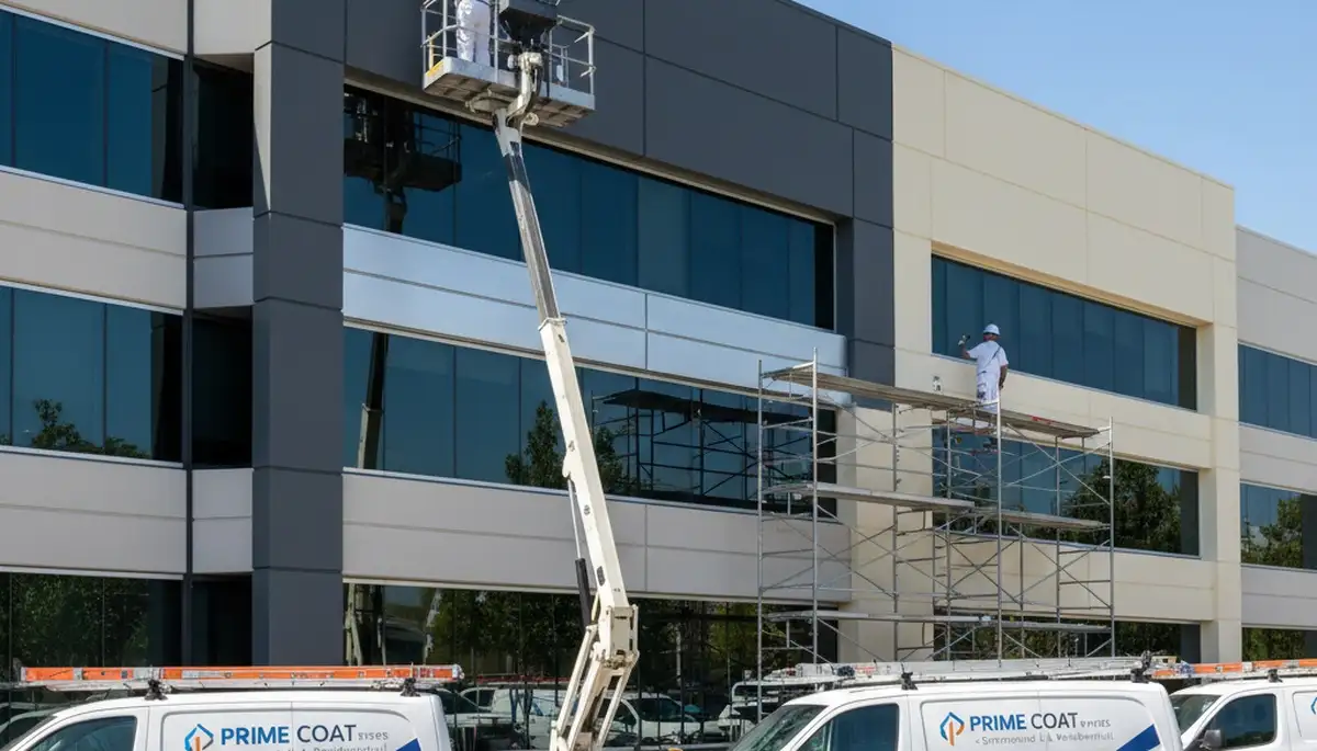Professional commercial painters working on an office building exterior in Pittsburgh, PA