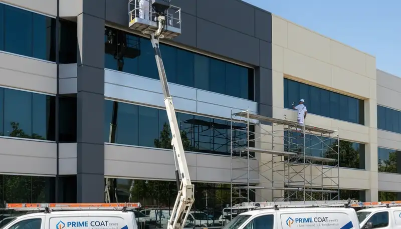 Professional commercial painters working on an office building exterior in Pittsburgh, PA