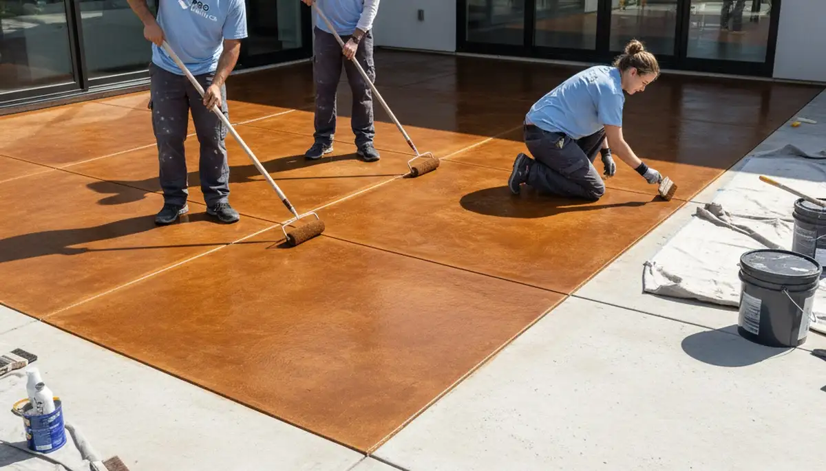 Professional concrete staining on residential garage floor in Pittsburgh, PA by local painting experts