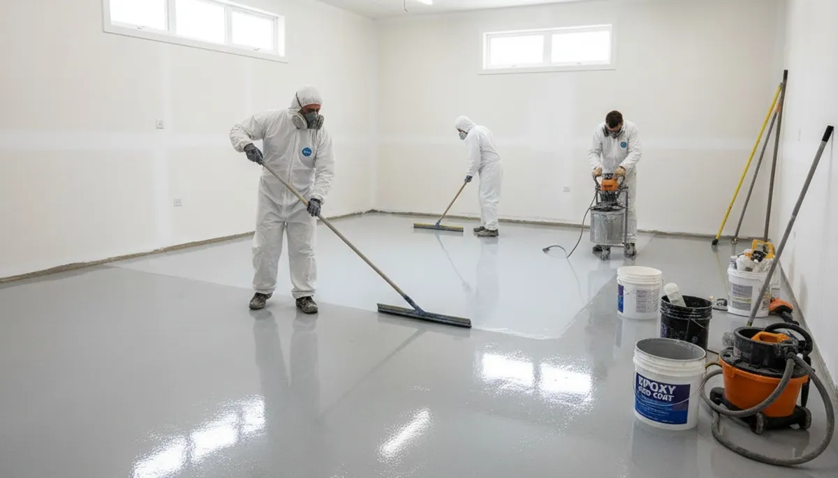 Epoxy floor coating in Pittsburgh PA garage by professional house painters for durable finish