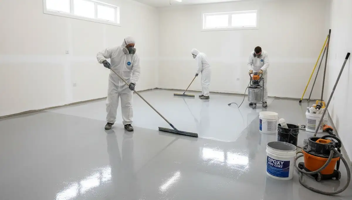 Epoxy floor coating in Pittsburgh PA garage by professional house painters for durable finish