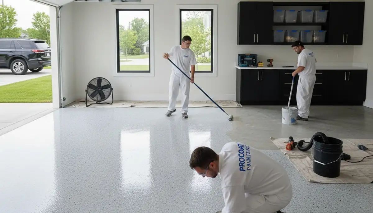 Epoxy garage floor coating in Pittsburgh PA applied by professional house painters for durable finish