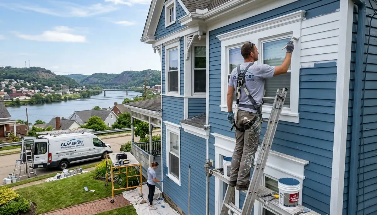 Professional house painters working on exterior home in Pittsburgh, PA
