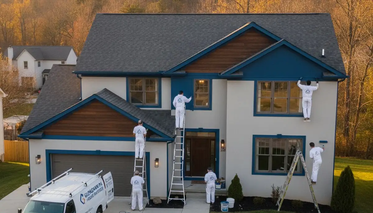 Professional house painters working on residential exterior in Pittsburgh, PA