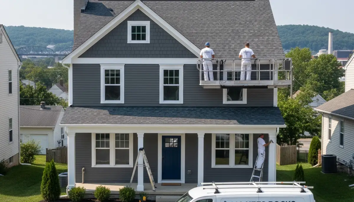 Professional house painters working on exterior home in Pittsburgh, PA