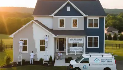 Professional house painters working on exterior home in Pittsburgh, PA