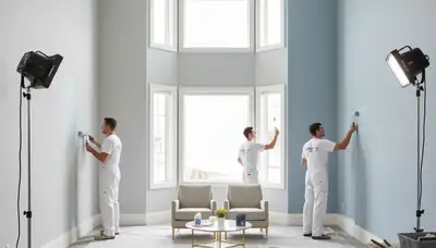 Professional interior house painters finishing living room walls in Pittsburgh, PA