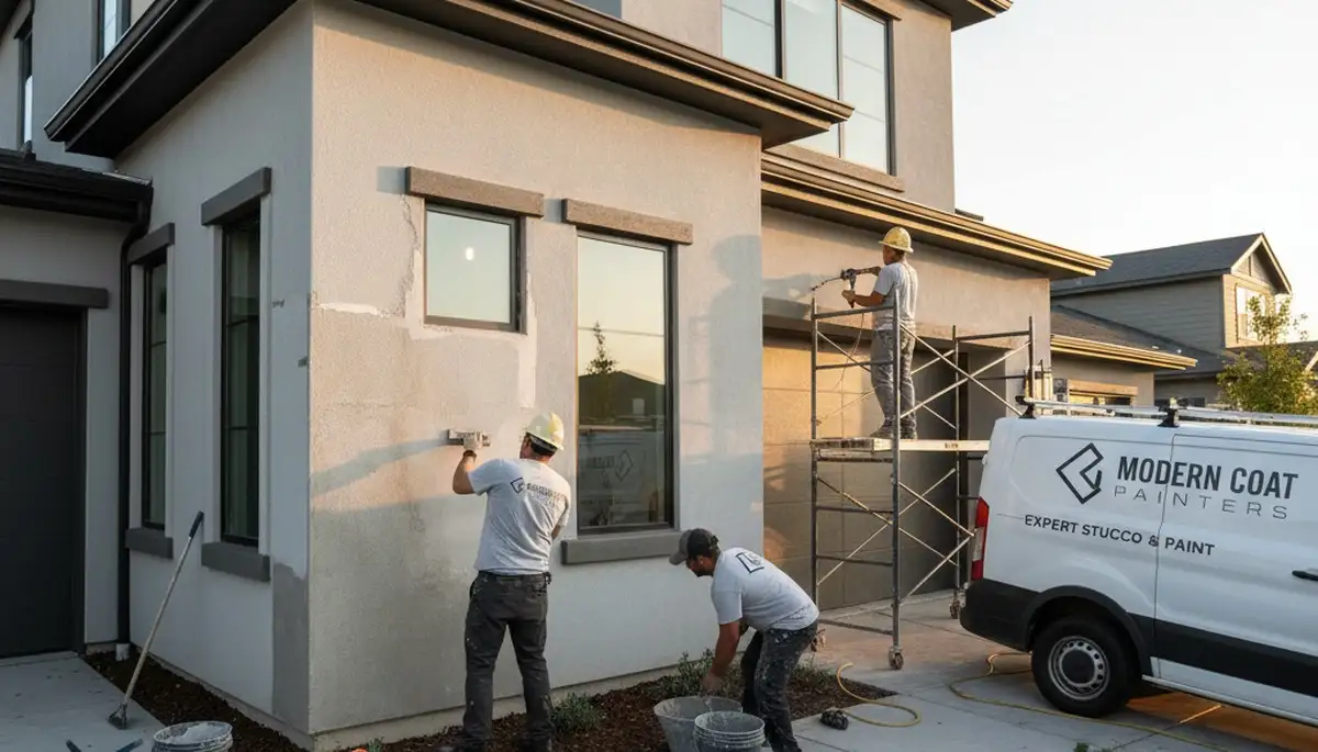 Professional stucco repair on Pittsburgh, PA home exterior by expert local house painters