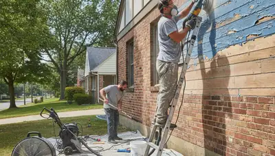 Painter sanding exterior siding during surface prep for house painting in Pittsburgh, PA